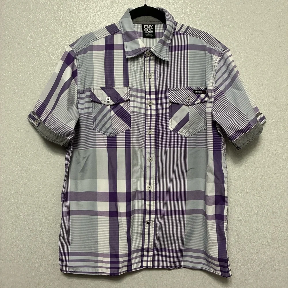 VTG Y2K Enyce Plaid Button‎ Up Short Sleeve Shirt Purple Gray Size L